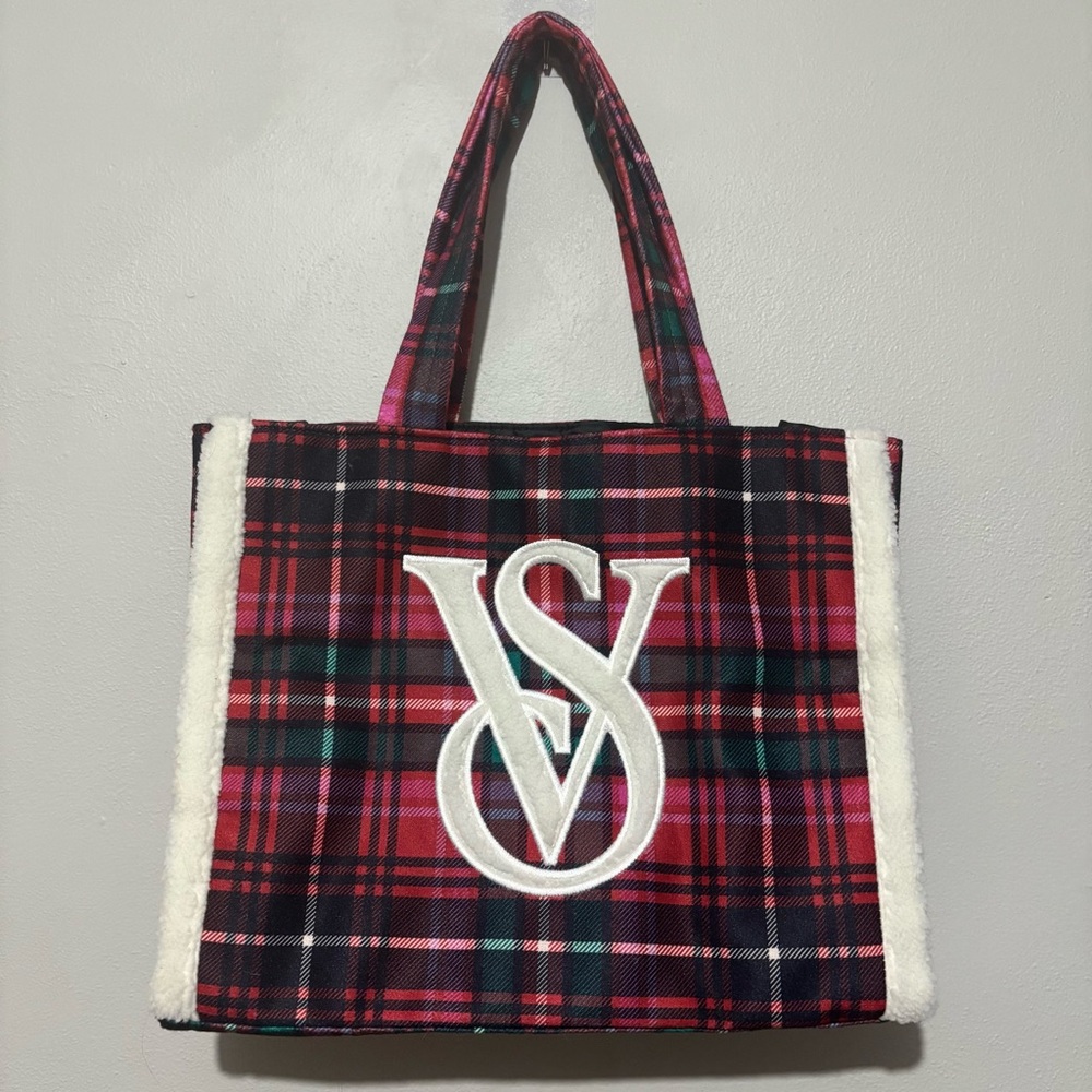 Victoria's Secret Plaid Logo Tote Bag Shoulder Purse Shearling Trim
